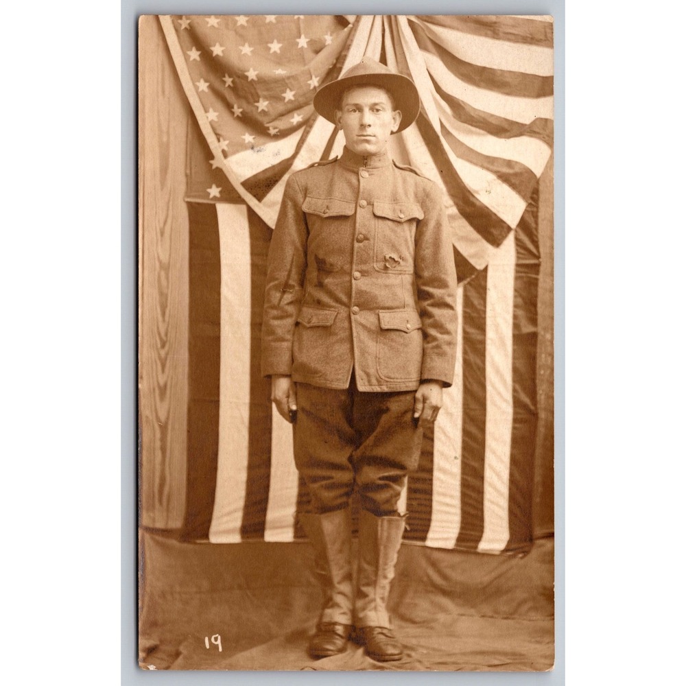 WWI US Soldier RPPC‎ Antique Real Photo Postcard American Flag Backdrop